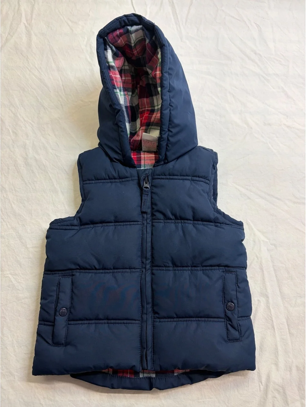 Gymboree Toddler 2T Navy Puffer Vest Hooded Plaid Lined Boys Girls